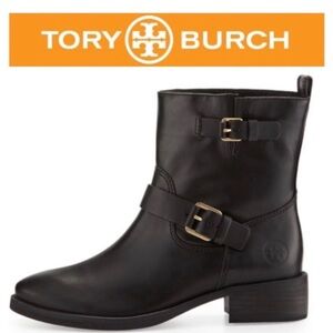 Tory Burch Bennie Black Leather Buckled Biker Ankle Boots Size 9 Retails $395
